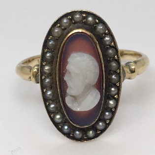  stone cameo with seed pearls. Nobel Antique jewelry Store, Santa Monica. Made in America.